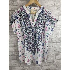 New Savanna Jane Embroidered Top Western All Over Print Boho Cap Sleeve Size M
